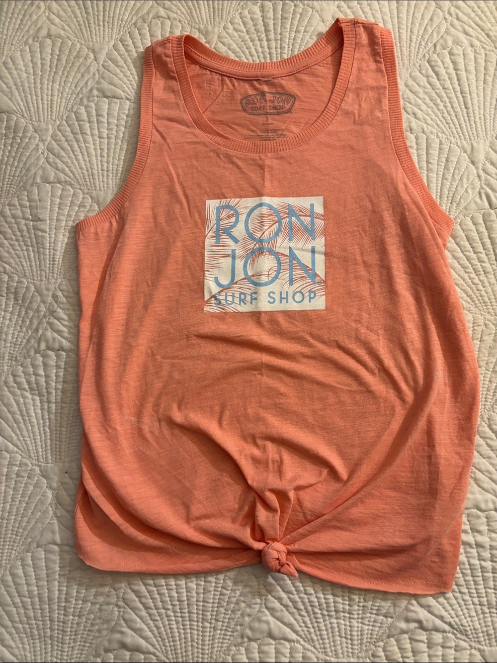 Ron Jon Coral Tank Top with Blue Logo and front knot